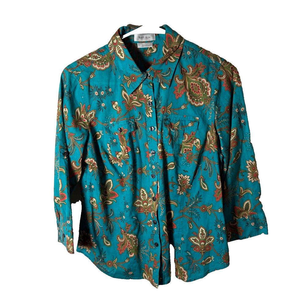 Van Heusen Shirt Women's Medium Blue Floral Button Up 3/4 Sleeve Collared Top